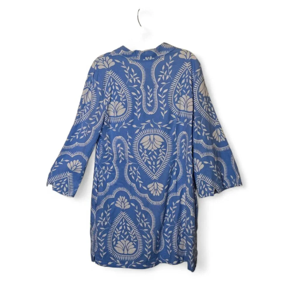 Joie Blue White Paisley Tunic Dress Size 8 Bell Sleeve Boho Resort Mini